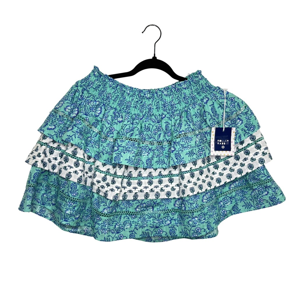 Roller Rabbit Target Tiered Mini Skirt Womens Medium Teal Floral NWT Eyelet Trim